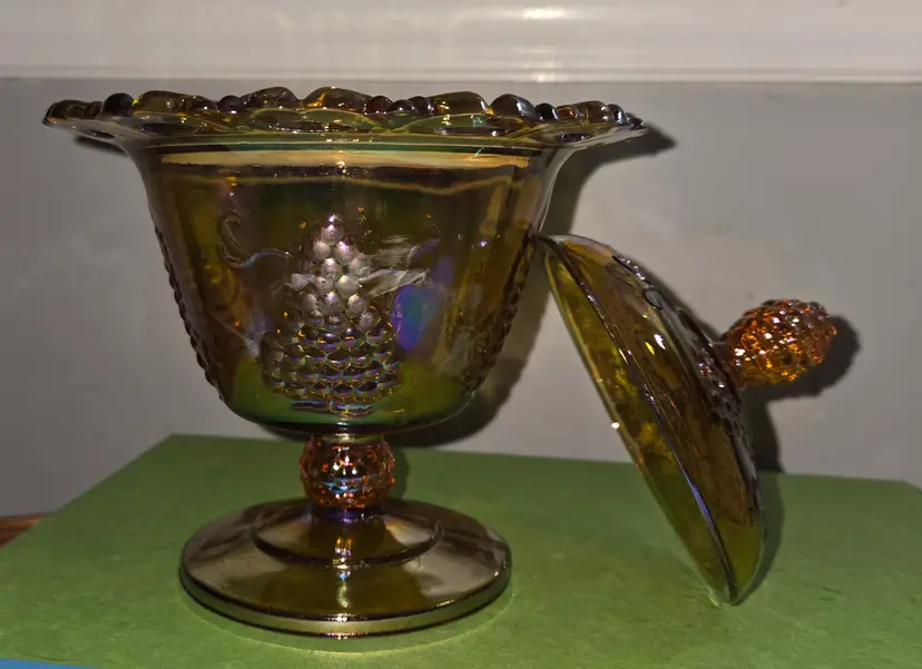 Vintage Carnival Glass Harvest Grape Pattern Footed Covered Dish Indiana Glass Co