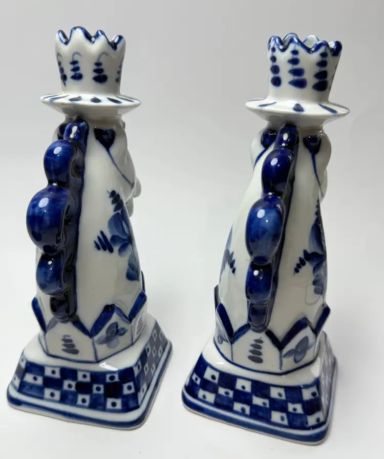 Set Vintage Gzhel Hand Painted Blue & White Porcelain Horse Candlesticks Holders Checkerboard