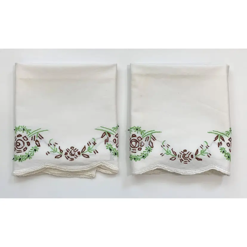 2 Embroidered Floral Pillowcases Cottage Core Granny Shabby Decor Vintage