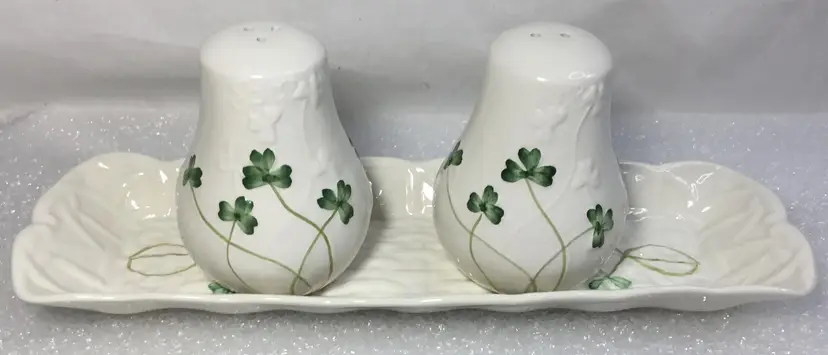 Vintage shamrock Beleek tray with Watervale Shamrock salt and pepper set