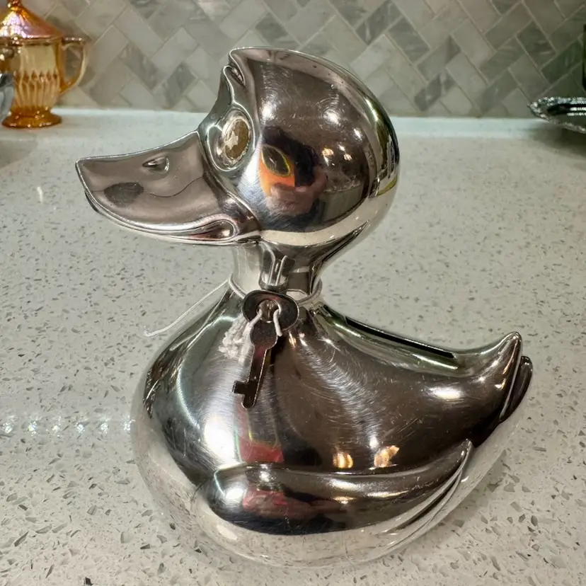 5x4.5” Vintage Leonard Silver Plate Duck Bank, with Key & Bottom Plate to open bank