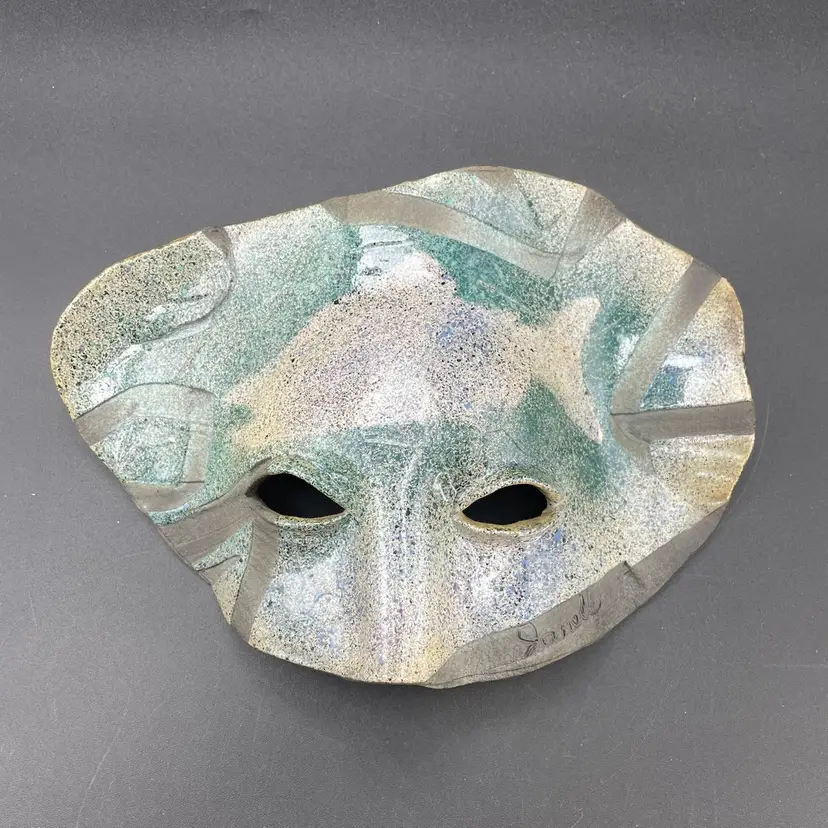 Raku Pottery Mask Wall Hanging with Fish Design Signed Janelle Handmade