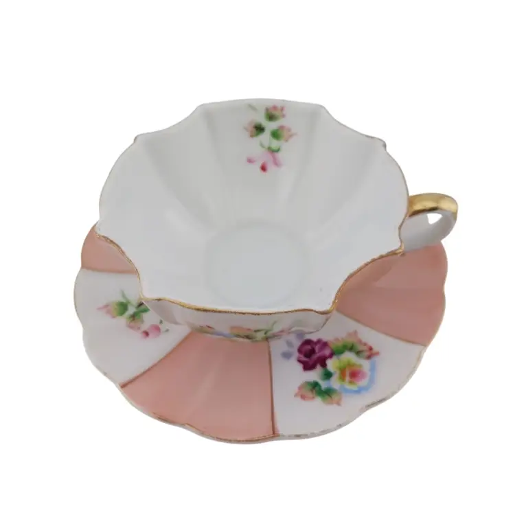 Vintage Ucagco Teacup and Saucer Peach and White Colored with Gold Trim Teacup is Octogonal Shape