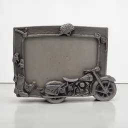 Vintage Heavy Pewter Motorcycle Photo Picture Frame Taiwan Biker Mancave 3-D