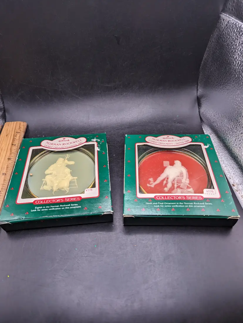 Vintage Lot of 2 Norman Rockwell Cameo Ornaments 1987 Eighth and 1988 Ninth in the Series.