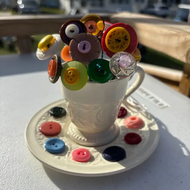 Vintage Button Bouquet In Wedgewood Tea Cup And Saucer