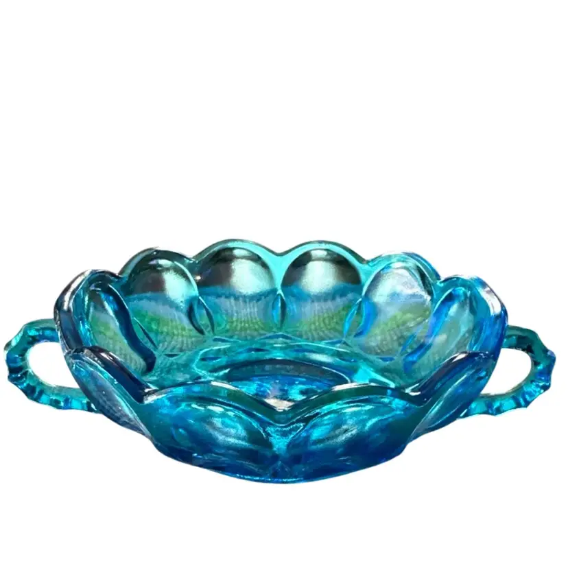 Anchor Hocking Fairfield Laser Blue Glass Bowl Handled Scalloped 5" Candy Dish