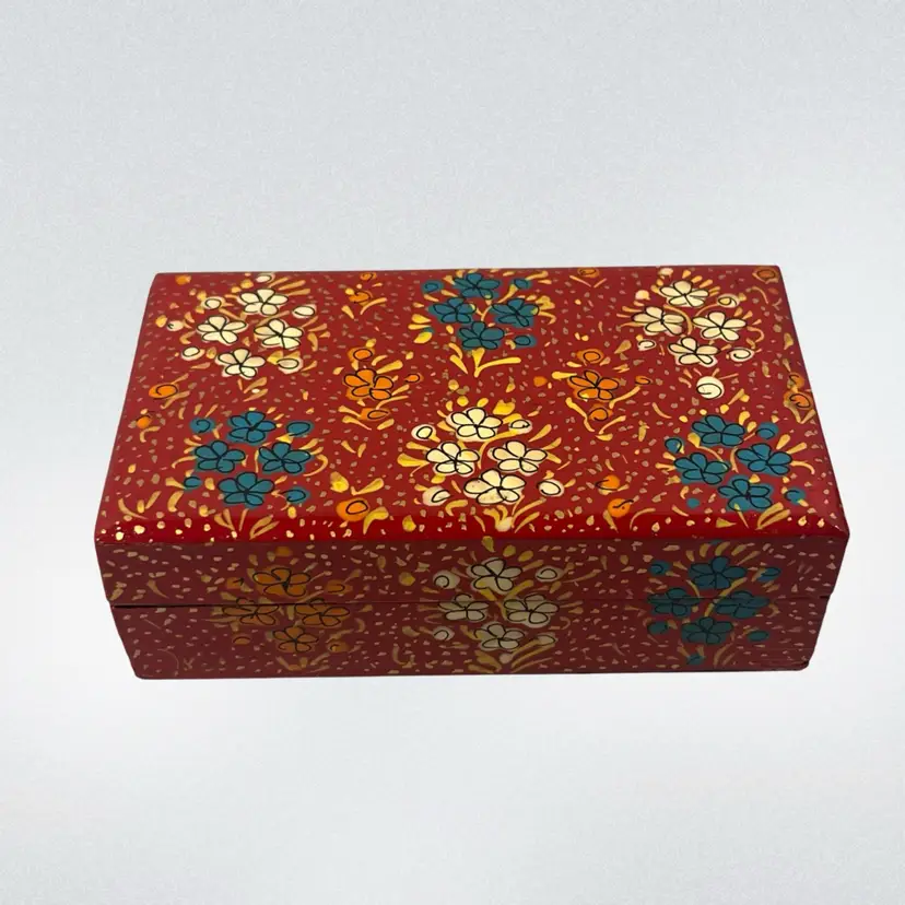Lacquered Red w/ Flowers Paper Mache Trinket Box | 4.75”