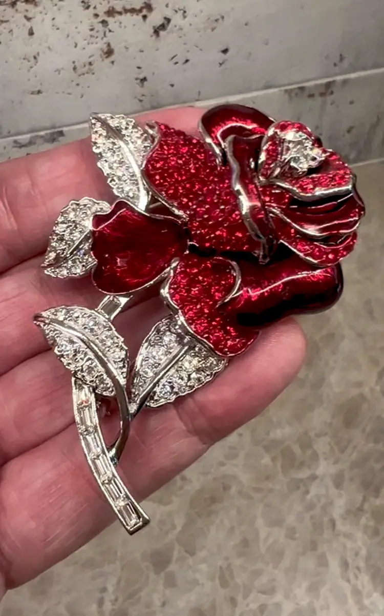 Vintage Nolan Miller Glamour Collection Nancy Red Rose Silver Tone Brooch #A-1