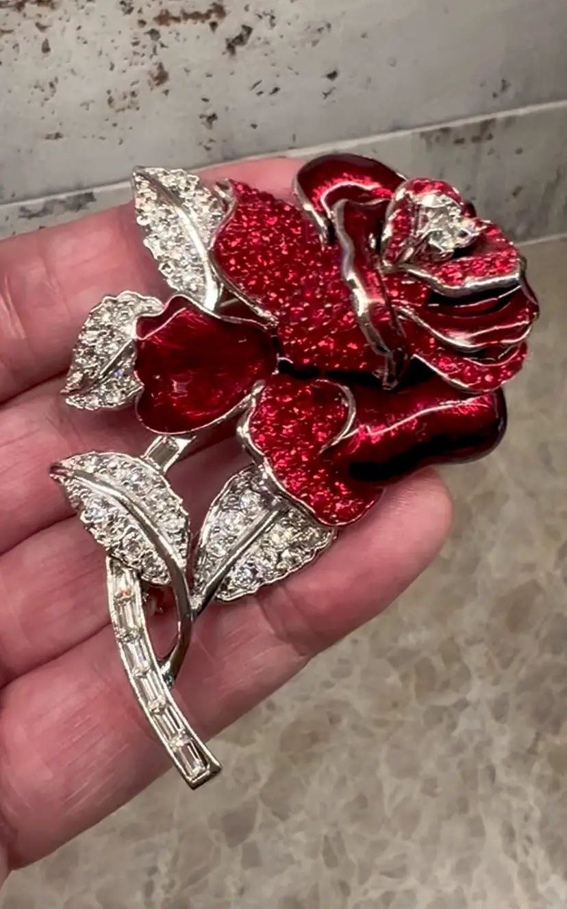 Vintage Nolan Miller Glamour Collection Nancy Red Rose Silver Tone Brooch #A-1