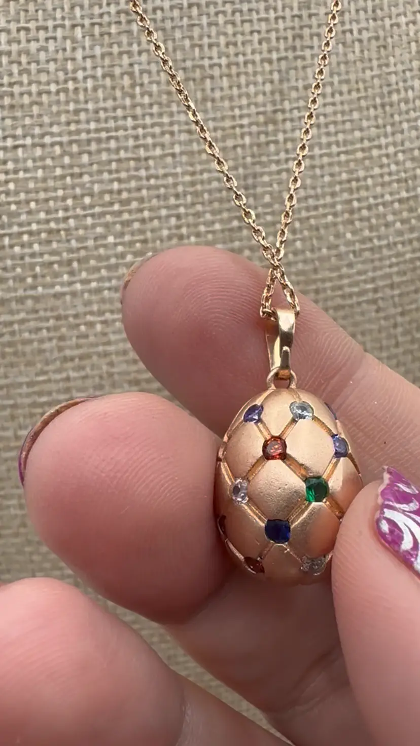 Rose Gold Tone Rhinestone Egg Necklace