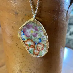Broken Pottery Artisan Made Floral Pendant Diamond Brand Plate Handcrafted Necklace 1 in x 1.5 in