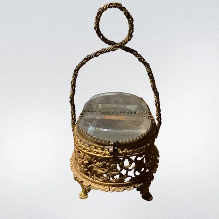 16. Gold Tone Pierced Metal Trinket Box Beveled Glass Hinged Top