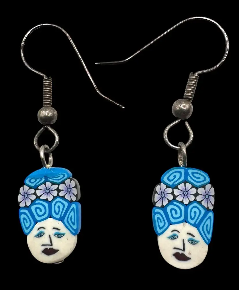 Handmade Polymer Clay Dangle Drop Earrings Blue Hair Lady Woman Floral 1.25”