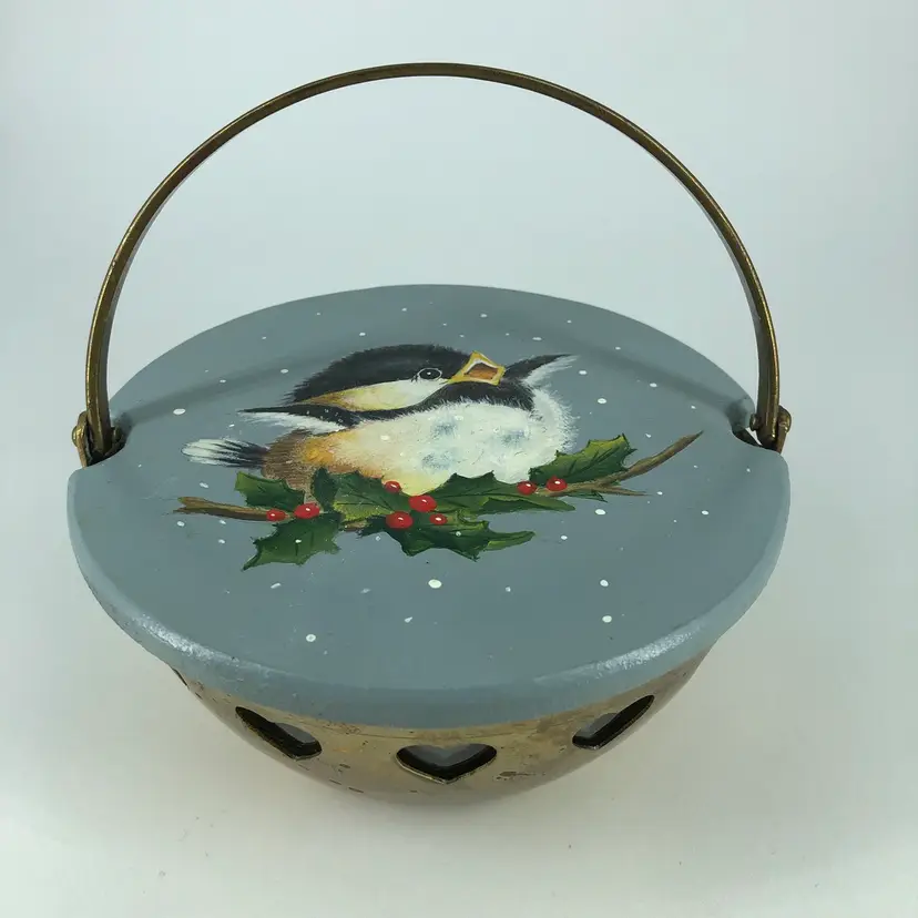 Hand-Painted Liards Chickadee Bird on Brass & Glass Basket Trinket Dish