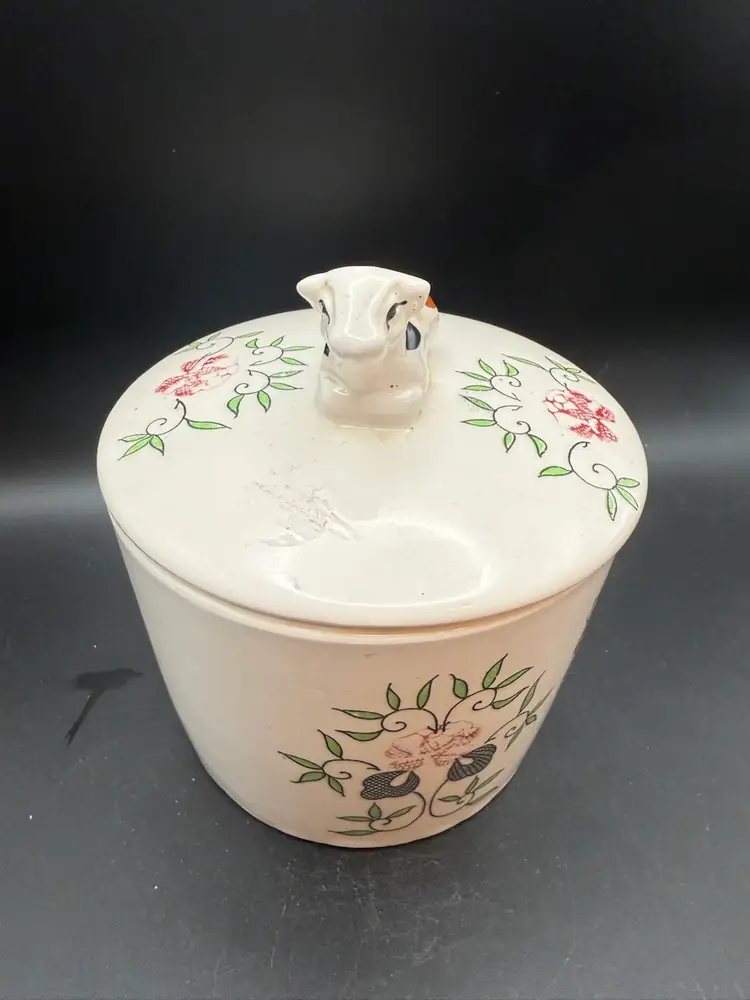 Vintage Ceramic Rooster And Cow Finial Butter Crock Or Grease Jar