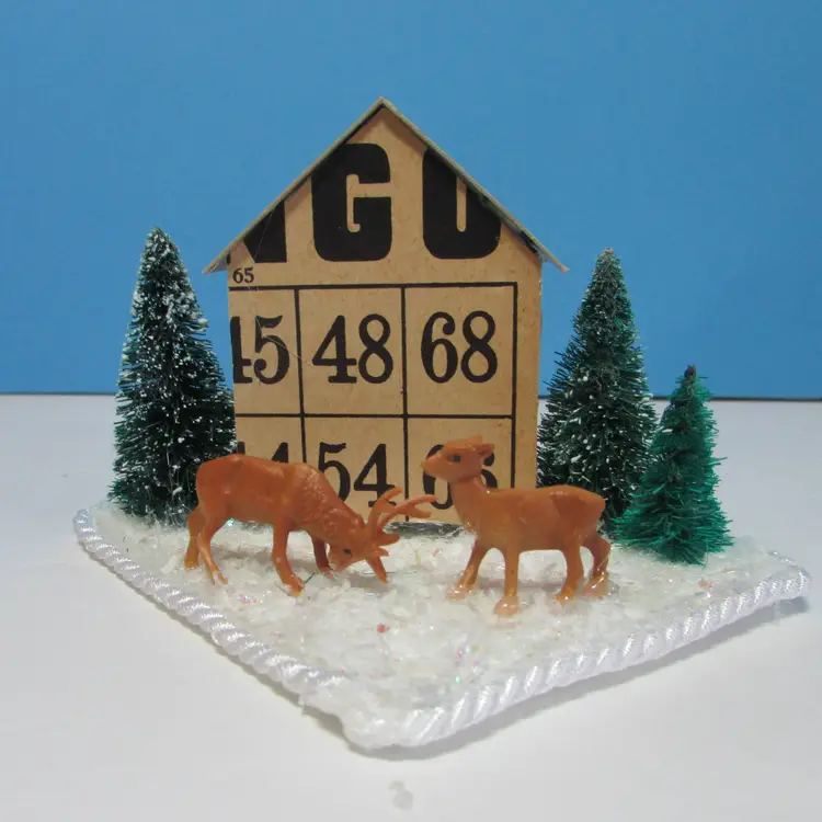 vintage crafted Bingo card house with deer Christmas winter scene