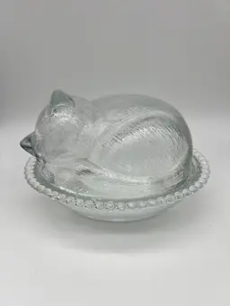 Vintage Clear Indiana Glass Curled Cat Candy Dish & Lid Nest Bowl