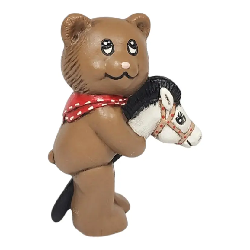 Vtg 80s Ceramic 4" Bear Figurine w/ Red & White Bandana Riding Stick Hose