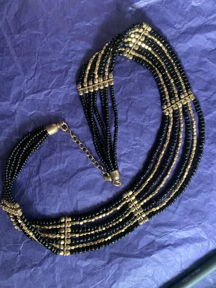 Vintage Beaded Bib Statement Necklace Collar Black Gold Boho Retro 