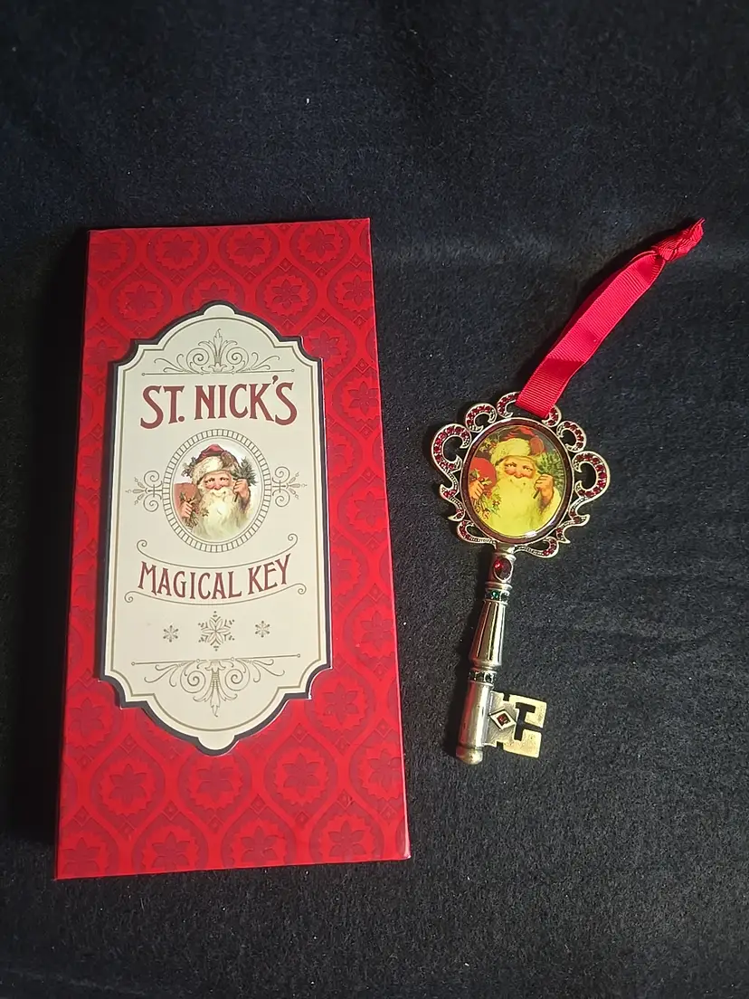 Grasslands Road “St. Nick’s Magical Key” Christmas Ornament with Box – Santa Image, Rhinestone Accents