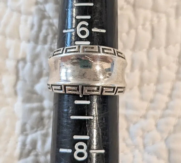 Vintage Kabana Heavy Weight Modernist Sterling Silver Band Ring with Grecian Edging, Size 6.75
