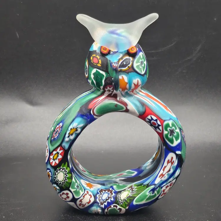 #4 HTF Vintage KB Italy Murano Venetian Art Glass Satin Millefiori Cut Cane Owl Napkin Ring RARE!