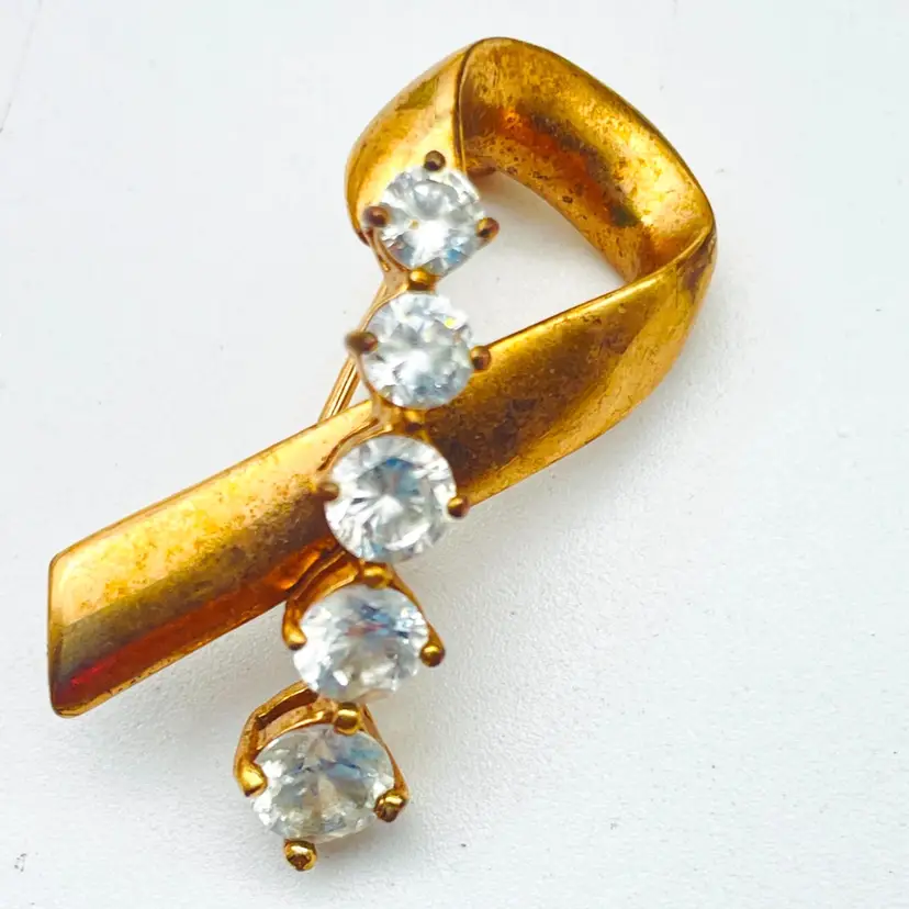 Gold Tone Ribbon Brooch Clear Rhinestones KJL Signed Awareness Pin 18309