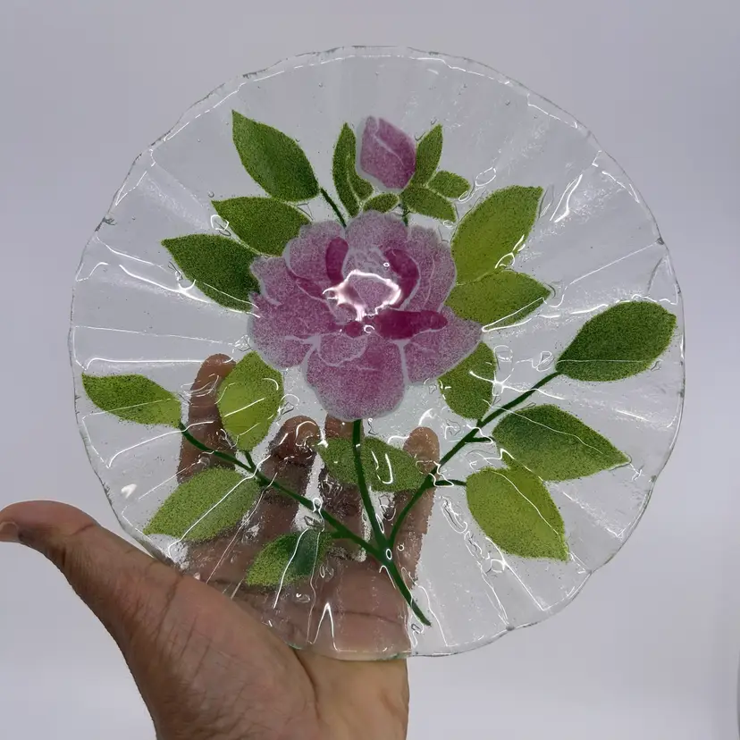 Sydenstricker Fused Art Glass Pink Rose Ruffled Rim