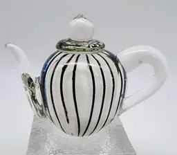 Black & White Candy Stripe Glass Teapot Hand Paperweight 4" x 5.5"
