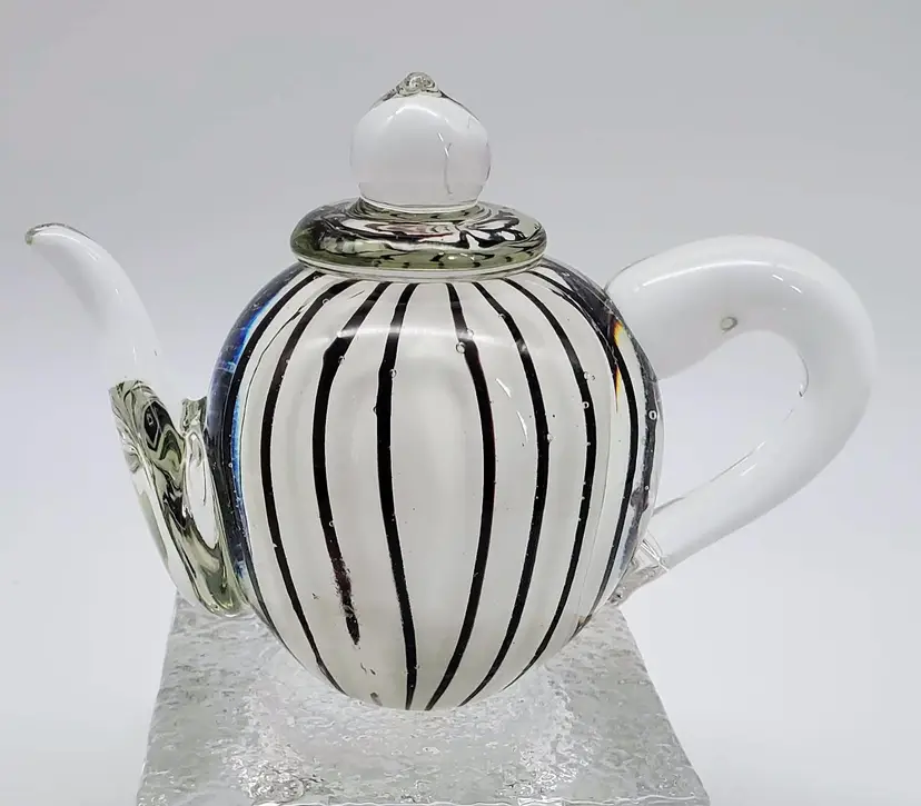 Vintage Black & White Candy Stripe Glass Teapot Hand Blown Paperweight 4" x 5.5"