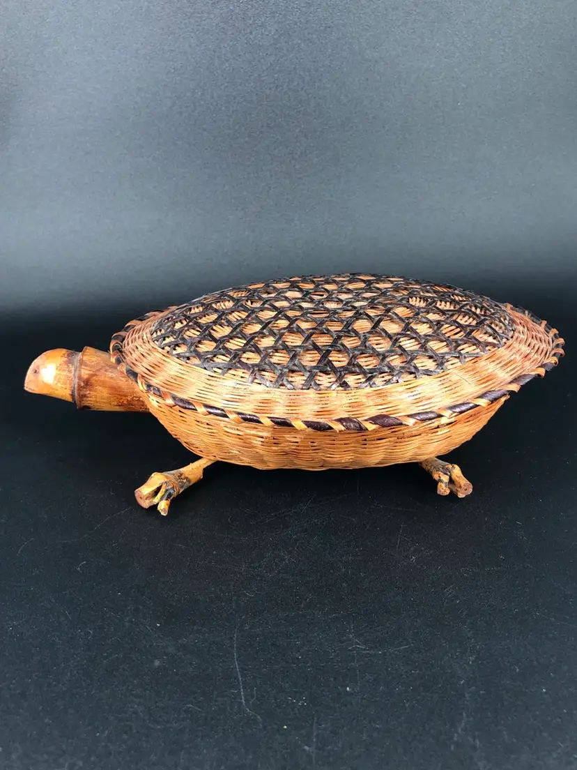 Hand-Crafted Wicker and Wood Turtle Lidded Basket