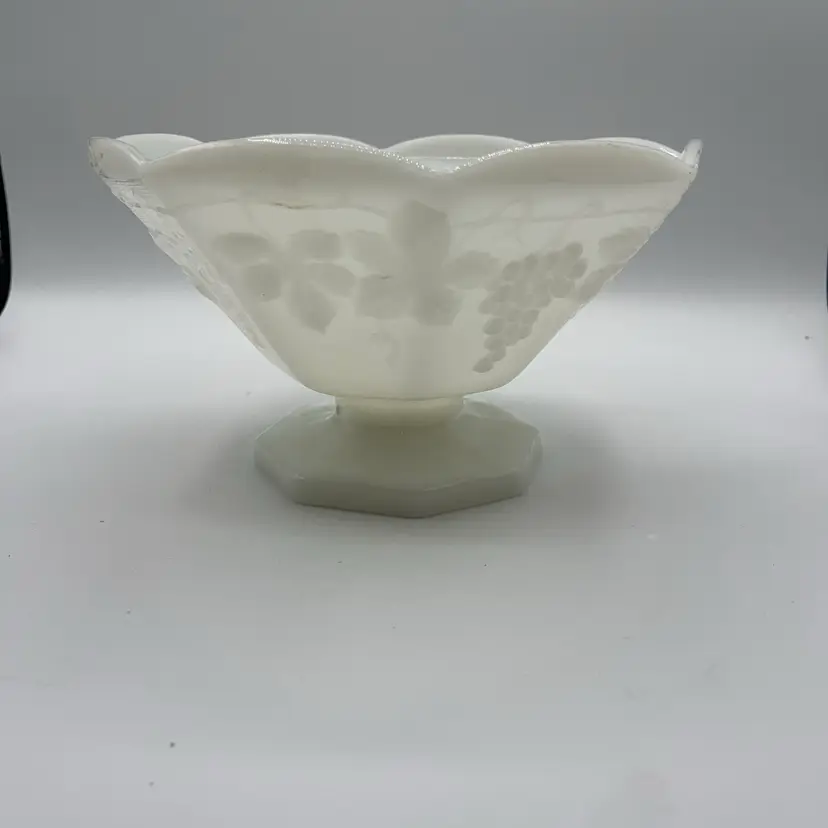 Vintage White Milk Glass Fruit Bowl Centerpiece - Octagon - Raised Grape Design