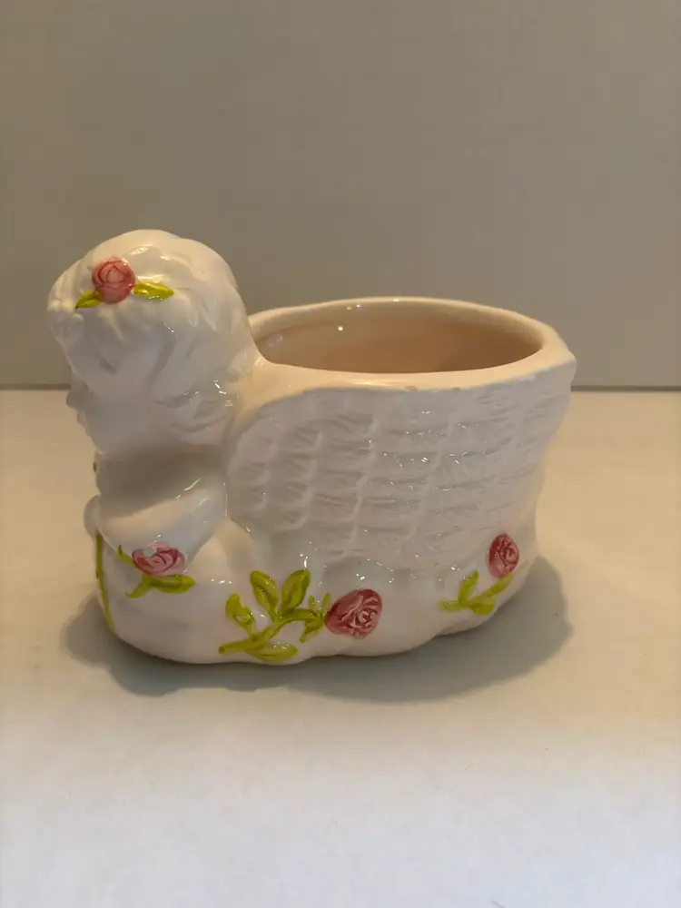 Vintage Angel Planter Ceramic White with Rose Pattern Unbranded 5.5 inches Long
