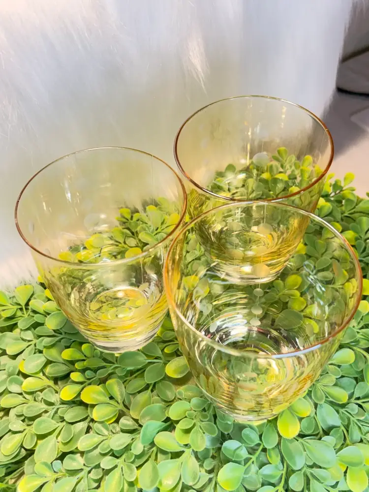Set of 3 Vintage Amber Gold Lusterware Etched Circles Lowball Glass Tumblers