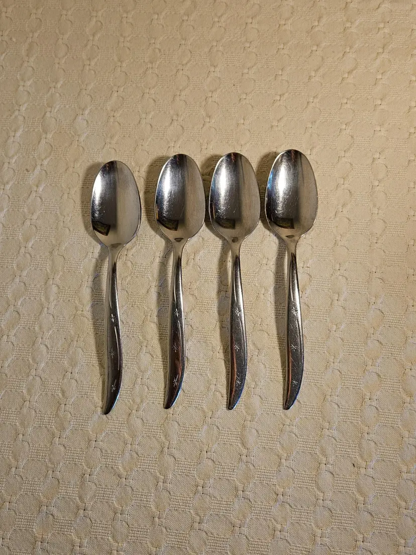 4 Superior Atomic Starburst Handle 7"Table Spoons, Stainless Steel, USA