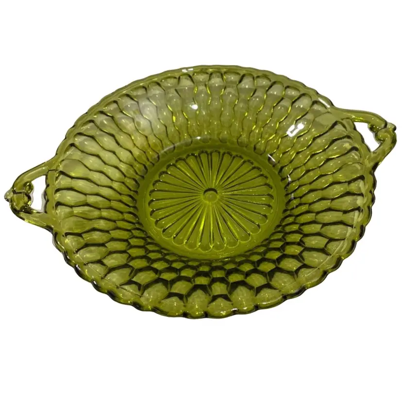 Indiana Honeycomb Glass Avocado Green Handled Dish 