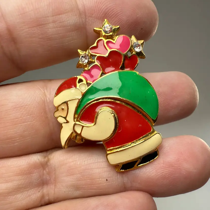 Vintage Enamel Santa Christmas Pin Brooch Sack Filled w/ Hearts Rhinestones