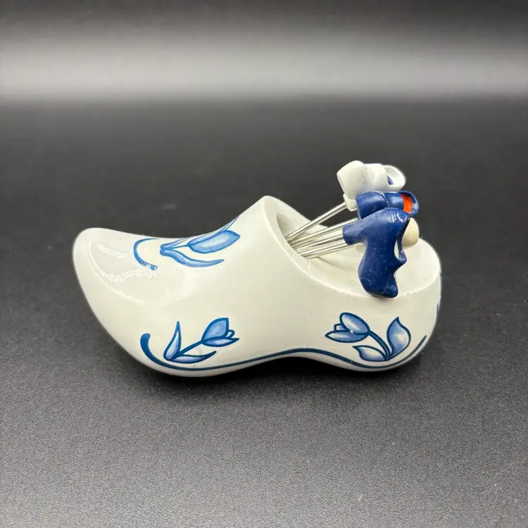 Vintage BOSKA Delft Blue Clog Cheese Pick Holder Dutch Tulip 4 Shoe Picks
