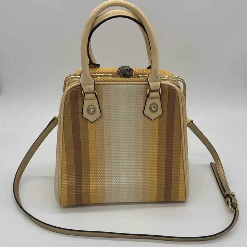 Handbag One of a Kind Vintage Structured Stripe Taupe variations "Bowling" look Handbag 12”H x 12”W