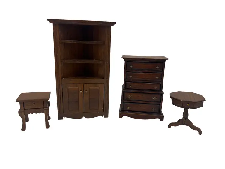 Wood Dollhouse Corner Cabinet, Chest & 2 Side Tables Vintage Lot Unmarked 1:12