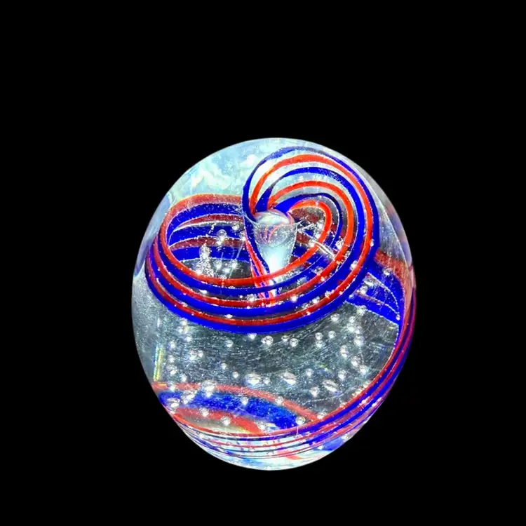 Gentle Glass Paperweight Controlled Bubble Red & Cobalt Blue Swirl Glows
3-3/4” T x 3” W