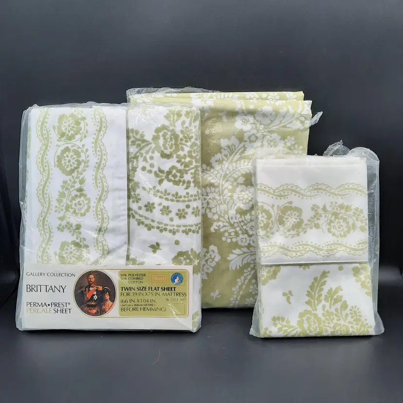 Vintage Sheet Set Twin Sears Brittany Percale NOS Light Green & White Floral