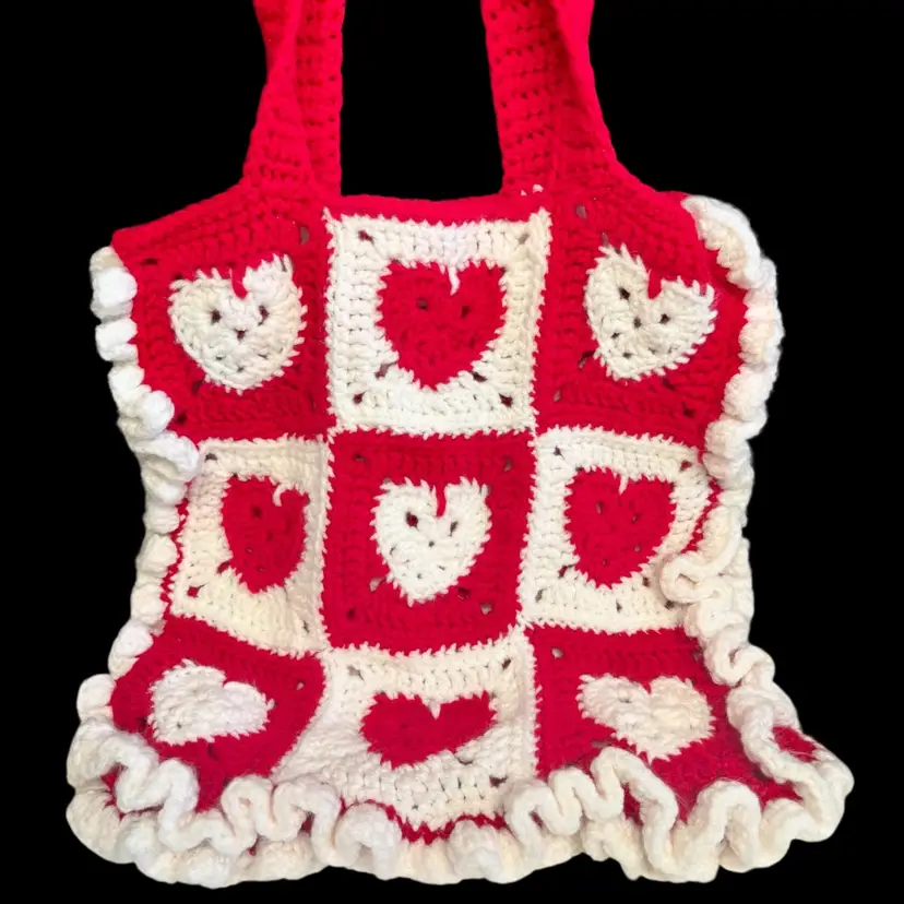 Granny Square With Frill Red & White Hearts Handmade Tote Bag 15”x15”
