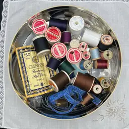 Vintage Sewing Notions In DeLuxe Collectors Fruitcake Tin 10” X 3 1/4”