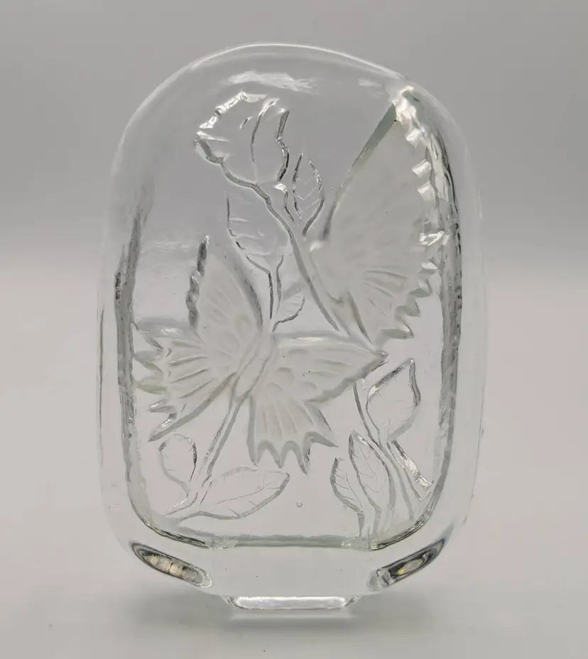 L E Smith Crystal Butterfly & Rose Art Sculpture Paperweight
