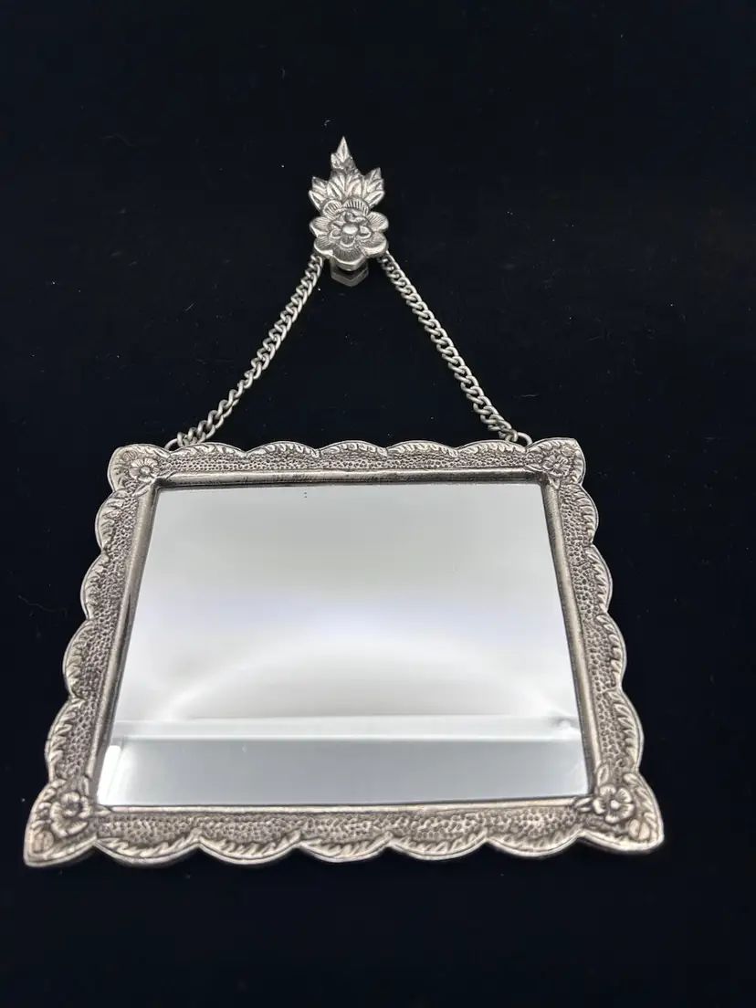 Vintage Silver Metal Turkish Rectangular Wedding Mirror Floral Design 7”