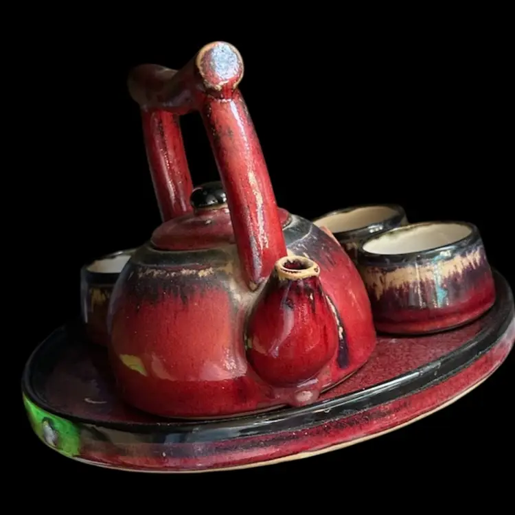 Pier 1 One Shanghai Teapot & (4 )Teacups Tea set Red Brown Rustic Earthenware