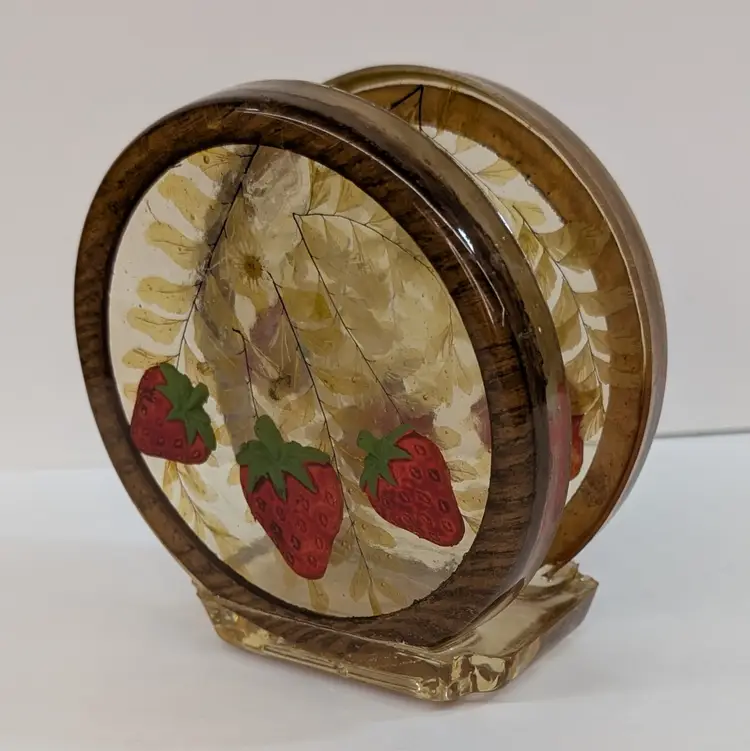 Vintage Lucite Acrylic Napkin Holder Strawberry with Pressed Flowers Ferns Wood Cottagecore