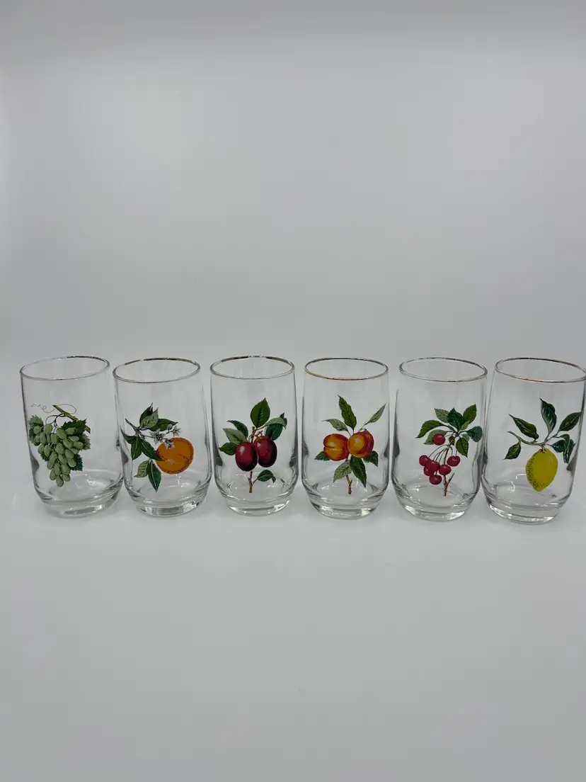 6 Vintage West Virginia Glass Mfg Co Fruit Gold Rim Highball Glasses